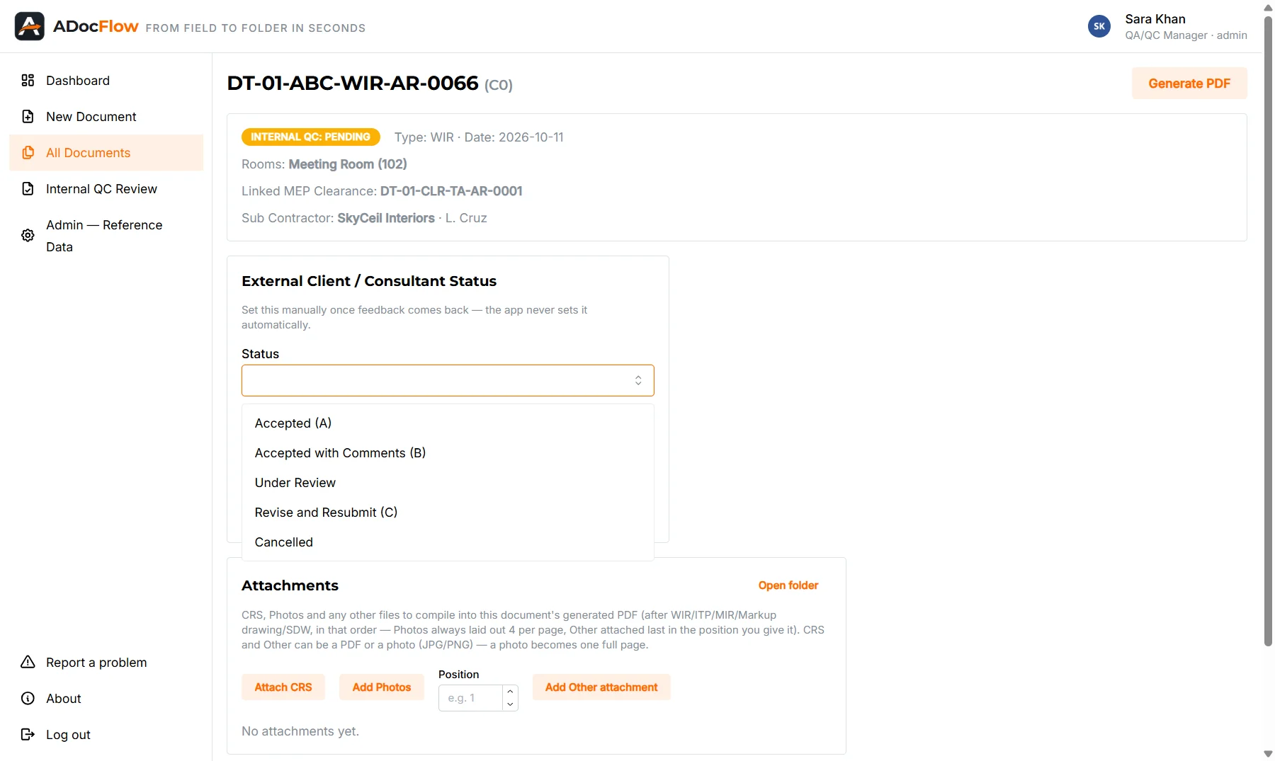 Recording the consultant's status code on a WIR in ADoc Flow
