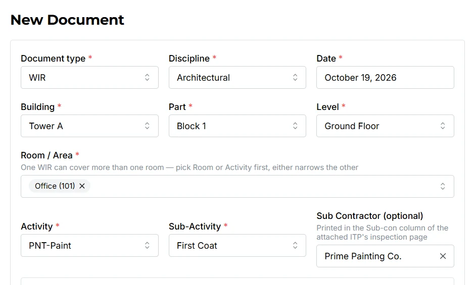Creating a new WIR in ADoc Flow with building, level, room and activity