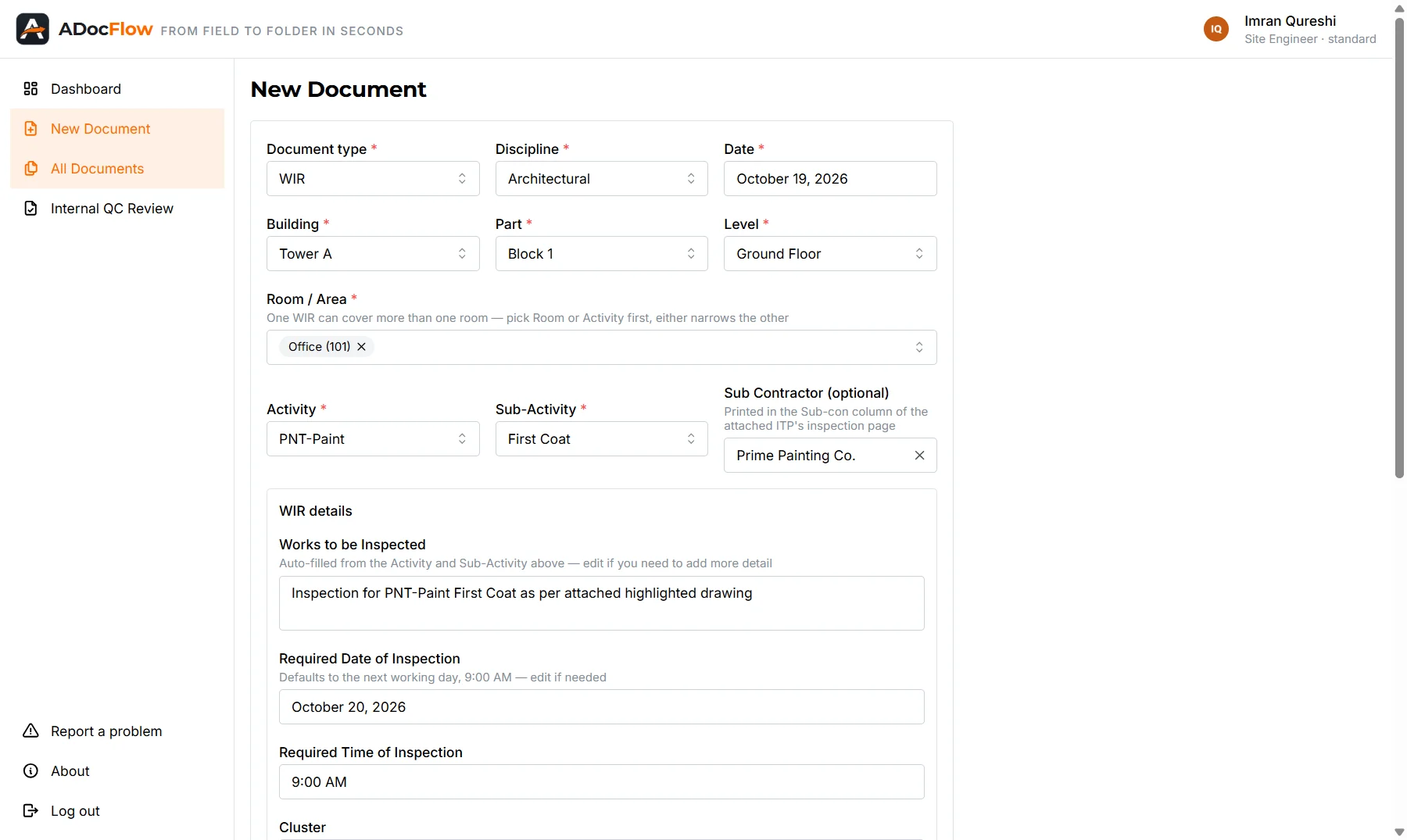 Custom document form with auto-filled project fields